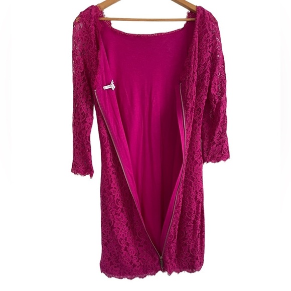 Diane Von Furstenberg Fuchsia Long Sleeve Lace Dress Size 14 - Picture 2 of 9